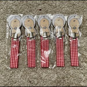 NWT 5 pc set Red & White Gingham Pacifier Clip Baby Christmas Gifts